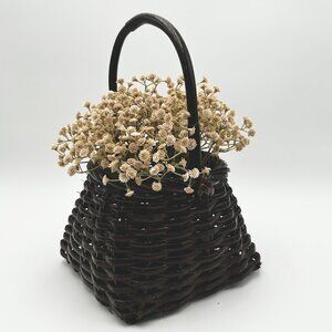 Moody VTG Woven Wicker Dark Brown Rattan Basket Sturdy Bamboo Handle Primitive